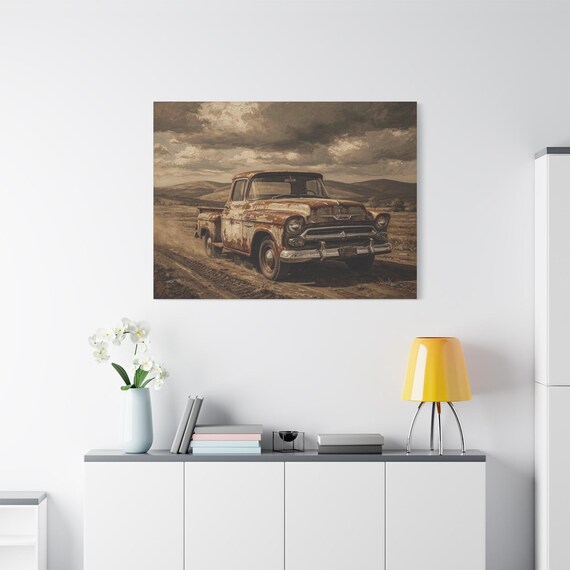 Vintage Truck Canvas Print - Rustic Farmhouse Wall Art - Antique Pickup Print - Impasto Americana Decor - Sepia Landscape - Man Cave Art