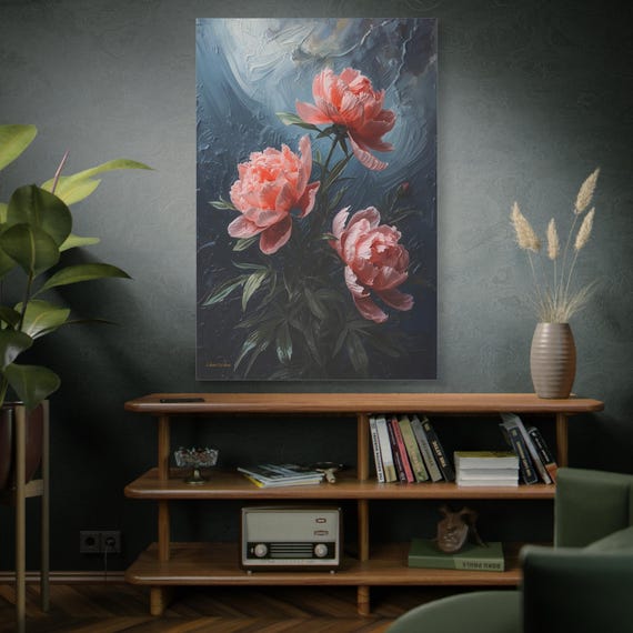 Moody Peony Canvas Print - Dark Floral Wall Art - Impasto Pink Flower Print - Coral and Navy Decor - Dramatic Botanical Art - 3D Look