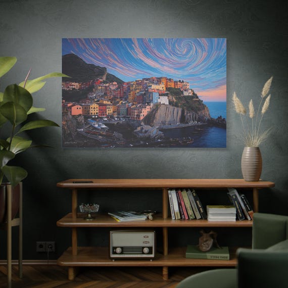 Coastal Vortex, Coastal Village at Dusk Canvas