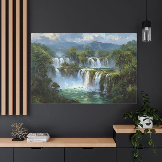 Waterfall Landscape Canvas - Impasto Jungle Print - Tropical Oasis Wall Art - Serene Forest Decor - Emerald Green Nature Print - Scenery