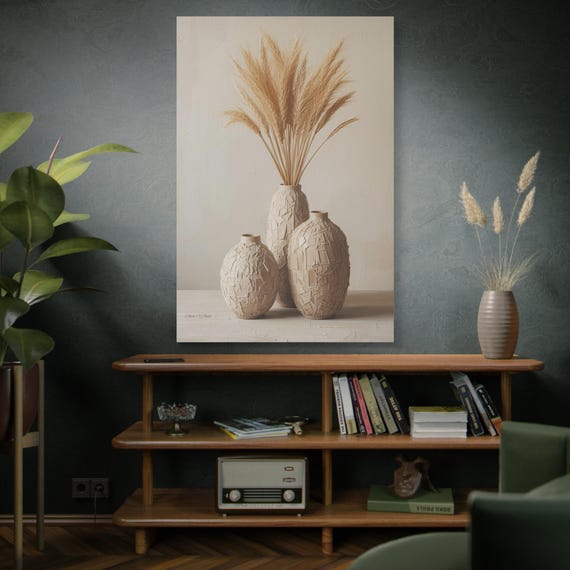 Patchwork Stillness, Neutral Ceramic Vases, Dried Pampas Grass Canvas, Boho Decor, Entry Art, Minimalist Art, Rustic Decor, Living Room Art.
