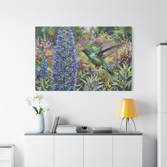 Hummingbird Canvas Print - Vibrant Botanical Wall Art - Impasto Flower Print- Cottagecore Garden Decor - Spring Floral Art - Bird Gift