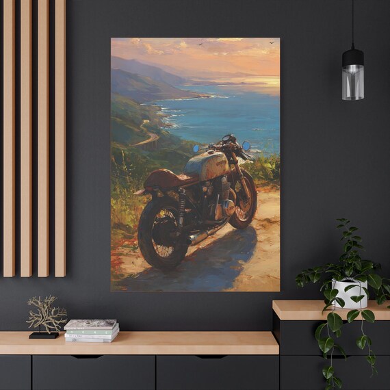 Motorcycle Sunset Canvas Print: Vintage Bike Coastal Art