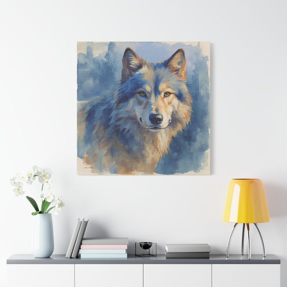 Expressive Wolf Canvas Print - Blue and Gold Wildlife Wall Art -  Animal Portrait - Modern Woodland Decor - Rustic Cabin Canvas