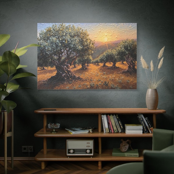 Olive Grove Sunset Canvas, Landscape Canvas, Sunset Print, Rustic Home Decor,  Cozy Living Room, Olive Grove Print, Mediterranean Art.