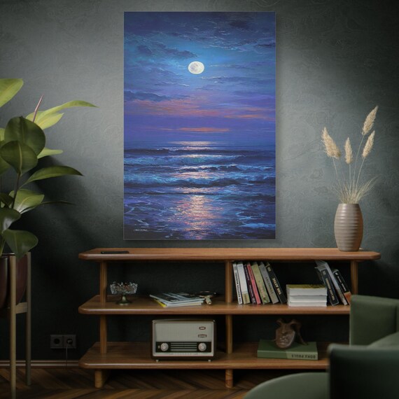 Sunset Redline, Moonlit Ocean Seascape Matte Canvas