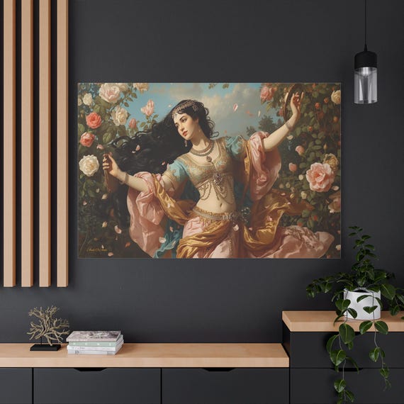 Dancing Woman Canvas Print - Romantic Floral Wall Art - Bohemian Rose Garden Decor - Feminine Bedroom Art - Pink and Gold Portrait Print