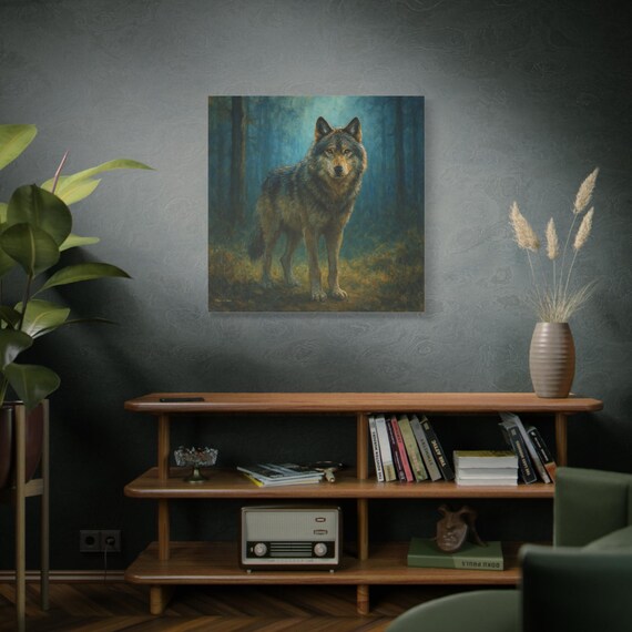 Lone Wolf Canvas Print - Misty Forest Wall Art - Majestic Wildlife Canvas - Dark Academia Decor - Moody Animal Portrait Fine Art Canvas