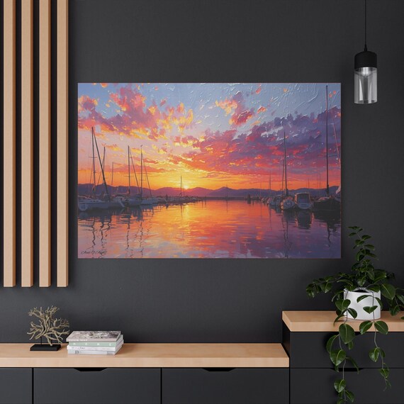 Sunset Harbor Canvas Art: Nautical Coastal Home Decor