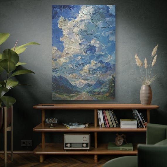 Skyward Path, Cloudscape Mountain Road Canvas Print, Mountain Road Art, Modern Abstract, Expressive Painting, Nature Texture Print.