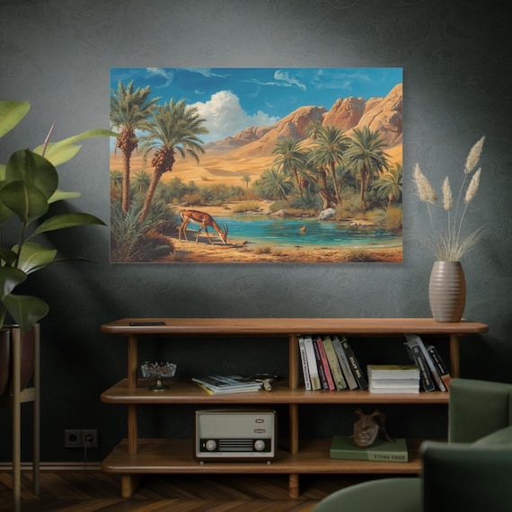 Desert Sanctuary, Desert Oasis Landscape Canvas Print. Matte Stretched Canvas Print, Gazelle Wildlife, Desert Modern Decor, Tropical Desert.