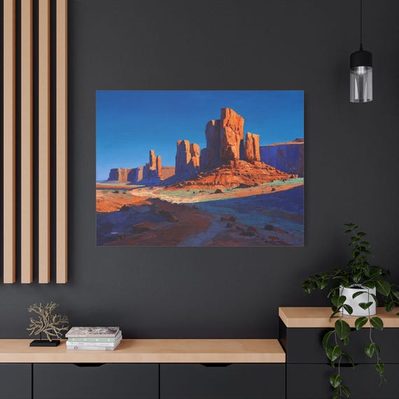 Monument Valley Canvas Print - Southwestern Desert Landscape Art - Vibrant Red Rock Wall Decor - Impasto Western Print - Boho Room Art