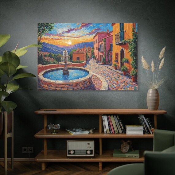 Tuscan Sunset Fountain, Canvas Print, Italian Village Scene, Landscape Painting, Matte, Colorful Artwork, Gift for Art Lovers, Home Gallery,