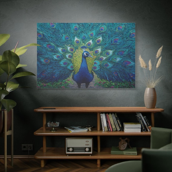 Majestic Peacock Canvas Print - Jewel Tone Wall Art - Impasto Bird Print - Maximalist Decor - Emerald Green and Blue Abstract Animal Art