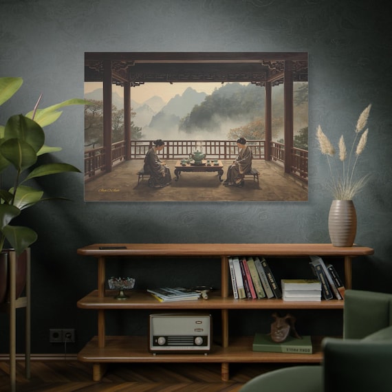 Chinese Tea Ceremony Canvas - Traditional Art Print - Misty Mountain Landscape - Zen Kitchen Decor - Tea House Print - Mindfulness Gift