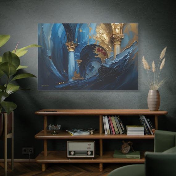 Temporal Implosion: Blue Requiem, Ocean Wave Cathedral Canvas Print,  Blue Gold Abstract Wall Art, Art wall Decor, Office Decor, Home Decor.