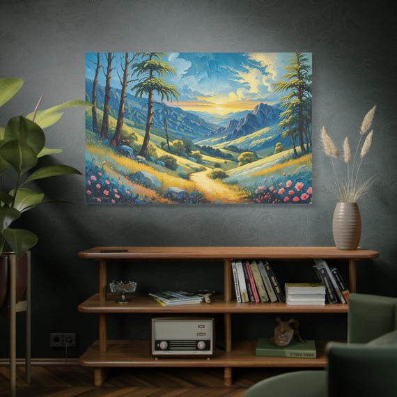 Golden Impasto Valley,  Sunset Pathway Canvas Print, Nature Wall Art, Landscape Decor, Gift for Nature Lovers, Home Office Decor