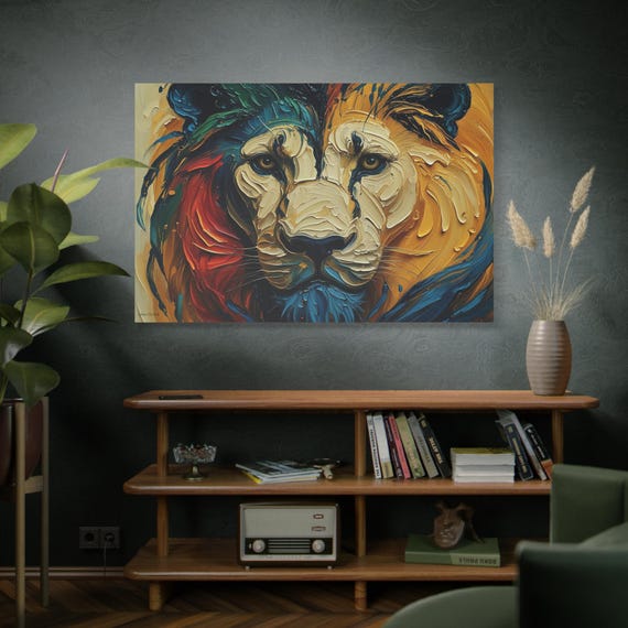 Heart of the Wild, Colorful Lion Face Matte Canvas Print, Modern Canvas, Colorful Lion Art, Office Decor, Home Decor.