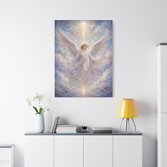 Majestic Angel Canvas Print - Ethereal Spiritual Wall Art - Heavenly Light Decor - Impasto Full Figure Angel - Serene Religious Canvas Art