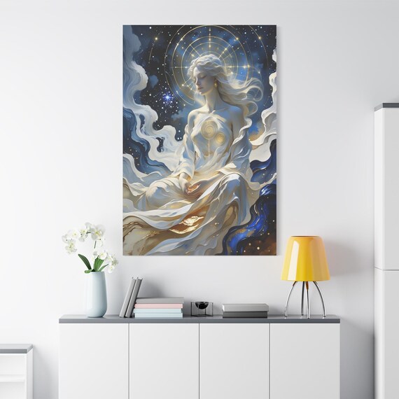 Star Goddess Canvas Print - Sacred Geometry Art - Twin Flame Symbol Print - Celestial Wall Decor - Gold and Blue Spiritual Print