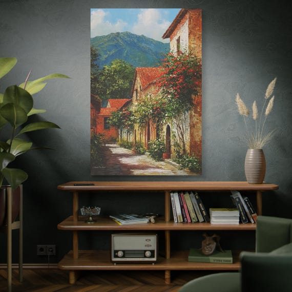 Bougainvillea Alley, Mediterranean Village Street Canvas Print, Wall Art, Entryway Decor, Vintage Village.