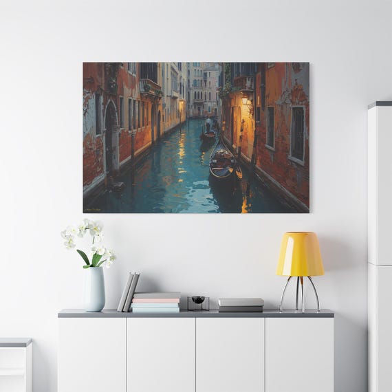 Canvas Art, Matte Wall Decor, Venetian Canal, Ideal Gift for Art Lovers, Coastal Vibes, Living Room Decoration, Stretched Canvas, 1