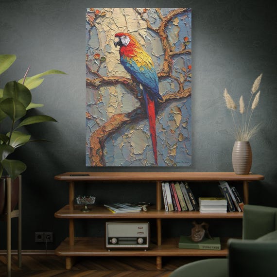 Scarlet Macaw Impasto Parrot Canvas Wall Art, Tropical Decor