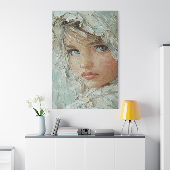 Pure Innocence Canvas - Impasto Girl Portrait - Textured Face Print - Angelic Wall Art - Pastel Nursery Decor - Blue Eyed Art - 3D Look