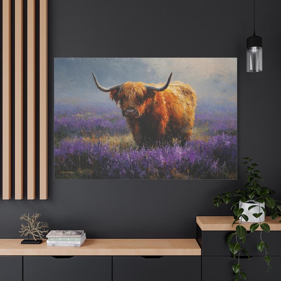 Highland Cow Canvas Print - Scottish Cow Wall Art - Impasto Animal Print - Purple Heather Floral Decor - Rustic Farmhouse Canvas Art