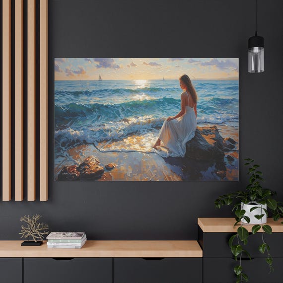 Woman on Beach Canvas - Impasto Ocean Print - Coastal Wall Art - Romantic Seascape Decor - Serene Sunset Print - Beach House Art