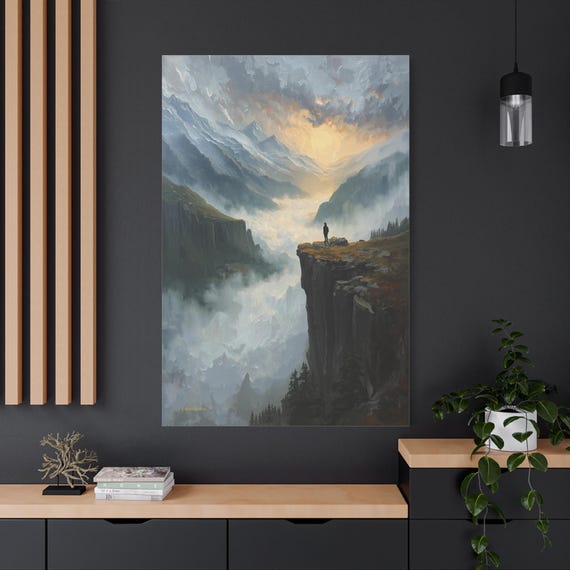 Epic Mountain Landscape Canvas - Wanderlust Wall Art - Solitary Figure Print - Impasto Sunrise Print - Misty Valley Decor - Office Art
