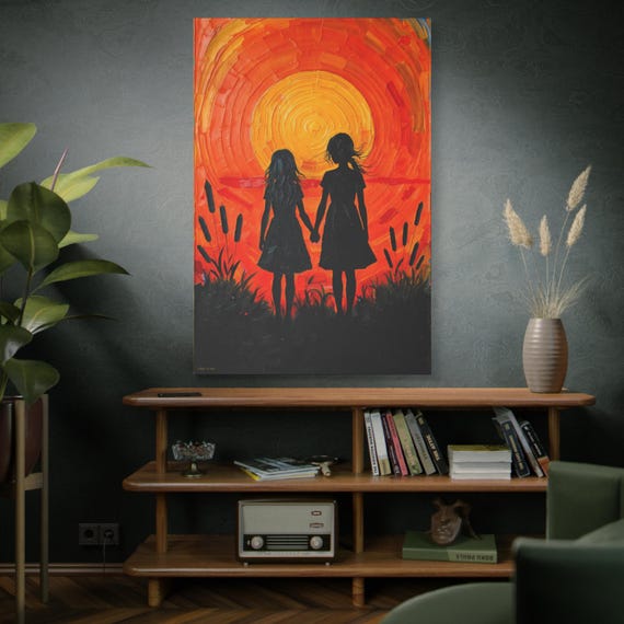 Sisters sunset Silhouette Canvas Print, Inspirational Wall Art, Girls Holding Hands Decor, Home Decoration Ideas. Sizes 12" X 9" & 48" X 36"