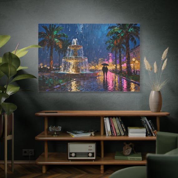Tropical Rain Canvas Wall Art, Romantic City Scene