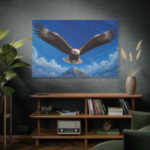 Majestic Bald Eagle Canvas Print | Emulated Impasto Oil Style Wall Art | Soaring Bird of Prey Print | Patriotic Office Decor | Wildlife Gift