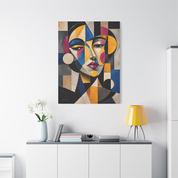 Cubist Face Canvas Print - Colorful Geometric Portrait - Abstract Woman Wall Art - Bright Impasto Decor - Eclectic Modern Room Art