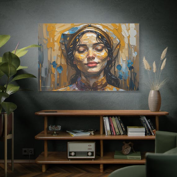 Golden Solace, Woman with Golden Halo portrait, Matte Canvas Print, Golden Portrait Art, Abstract Figure, Meditation Art, Modern Maximalist.