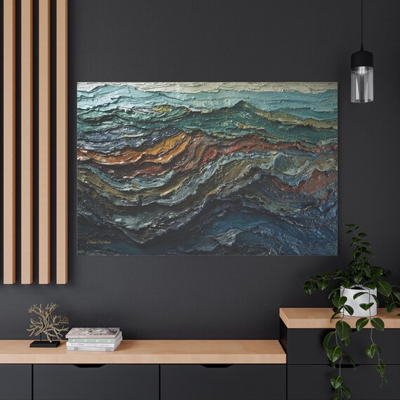 Abstract Texture Canvas - Blue and Rust Impasto Print - Modern Palette Knife Art - Coastal Earth Tone Decor - Geological Layer Print