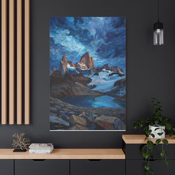 Majestic Mountain & Lake Canvas Print - Patagonia Inspired Landscape Art - Impasto Style Nature Print - Blue Swirling Sky Decor - Hiker Gift