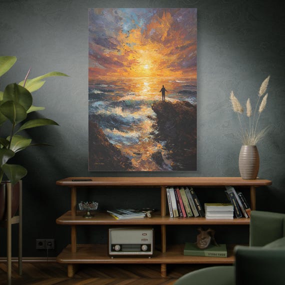 Sunset Ocean Canvas Print - Figure on Cliff Art - Impasto Landscape Print - Inspiring Wall Decor - Coastal Adventure Print - Majestic Art