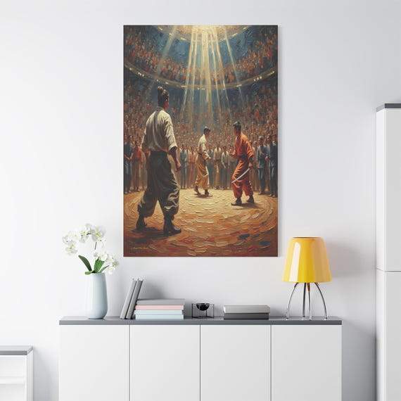 Martial Arts Duel Canvas Print - Samurai Spirit Arena Art - Impasto Style Dojo Decor - Kendo & Karate Fighter Painting - Warrior Gift