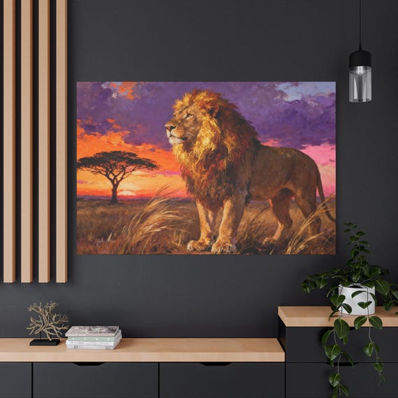 The Golden Guardian, African Lion Art, Wildlife Canvas, Sunset Landscape, Purple and Orange,  Masculine Decor, Large Office Art.