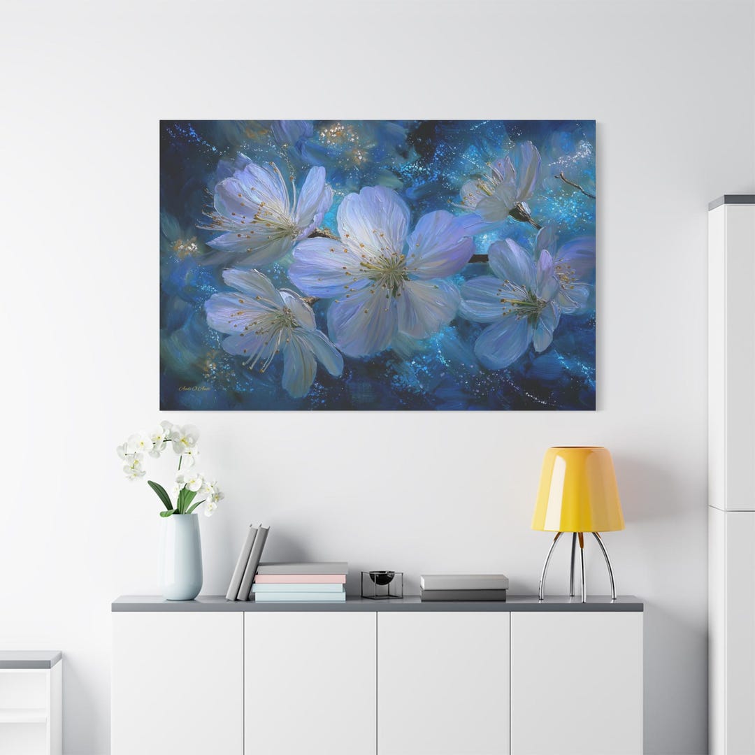 Moody Blue Floral Canvas - Dark Botanical Wall Art - Impasto Flower ...