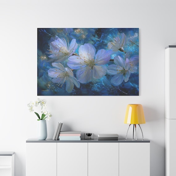 Moody Blue Floral Canvas - Dark Botanical Wall Art - Impasto Flower Print - Black Background Decor - Modern Blossom Art - Dramatic Print