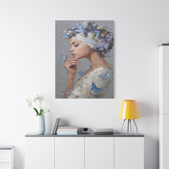 Ethereal Butterfly Portrait Canvas - Impasto Woman Print - Whimsical Wall Decor - Blue Butterfly Art - Dreamy Female Face Print
