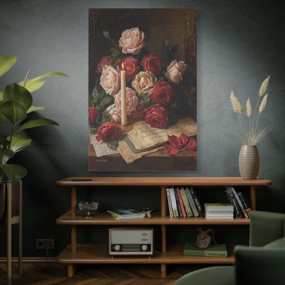 Vintage Roses & Love Letters Canvas Print - Romantic Floral Still Life - Impasto Style Candlelight Art - Bedroom Decor - Wedding Gift