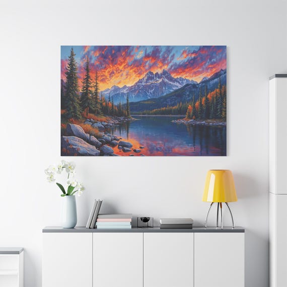 Mountain Lake Sunset Canvas - Colorful Landscape Art - Impasto Nature Print - Fiery Sky Wall Decor - Cabin Wall Art - Pine Forest Print