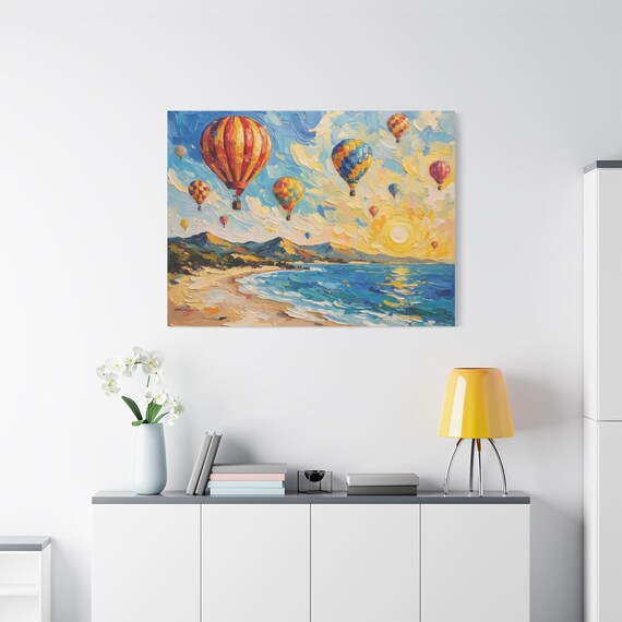 Hot Air Balloon Canvas Print - Vibrant Beach Landscape Art - Impasto Coastal Decor - Joyful Seascape Canvas - Whimsical Nursery Wall Art