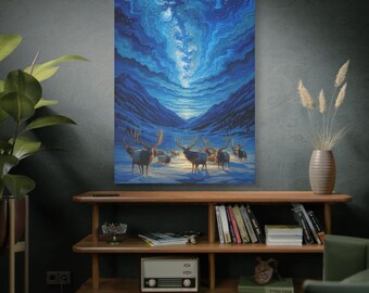 Migrazione astrale, stampa su tela di alce luminoso, tela tesa, tela naturalistica, arte murale di alce,