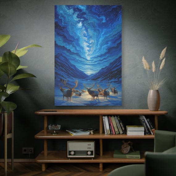 Astral Migration, Lights Elk Canvas Print, Stretched Canvas, Nature Canvas, Elk Wall Art,