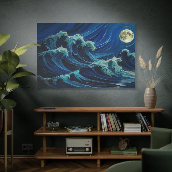 Midnight Tide, Moonlit Ocean Waves Canvas Print, Nautical Decor, Moonlight Waves, Marine Artwork, Boho Coastal, Calming Artwork.